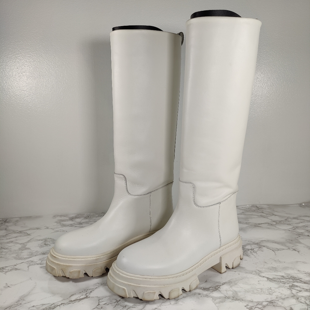 Gia X Pernille Tiesbaek White Leather Tubular Combat Boots Size 38.5